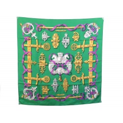 FOULARD HERMES FERRONNERIE CATHY LATHAM CARRE EN SOIE VERT GREEN SILK SCARF 345€