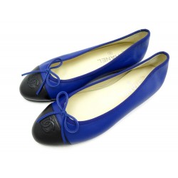 NEUF CHAUSSURES CHANEL G02819 BALLERINES 37.5 CUIR BLEU BALLET FLAT SHOES 540€