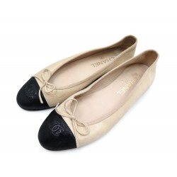 CHAUSSURES CHANEL G02819 38 BALLERINES EN CUIR BEIGE NOIR BALLET FLAT SHOES 540€