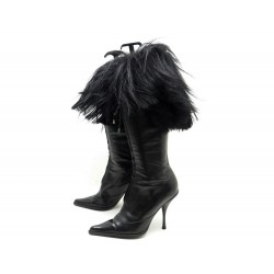 CHAUSSURES BOTTES A TALONS DIOR 39 EN CUIR & FOURRURE NOIR BLACK FUR BOOTS 1350€