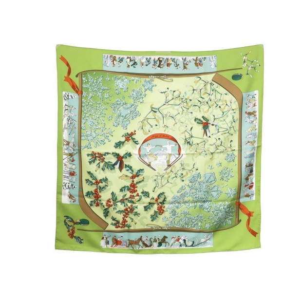 FOULARD HERMES NEIGE D ANTAN CATHY LATHAM CARRE EN SOIE VERT BOITE SILK SCARF 