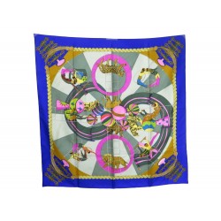 FOULARD HERMES CIRCUS ANNIE FAIVRE CARRE EN SOIE BLEU BLUE SILK SCARF 350€