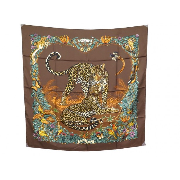 NEUF FOULARD HERMES JUNGLE LOVE ROBERT DALLET CARRE SOIE MARRON SILK SCARF 350€