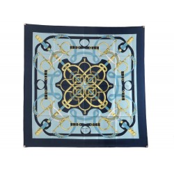 NEUF FOULARD HERMES EPERON D'OR EN SOIE BLEU CARRE 90 CM SILK SCARF BLUE 350€