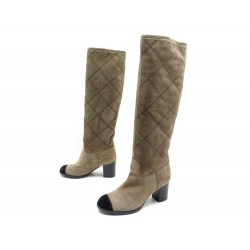 BOTTES CHANEL VEAU VELOURS MATELASSE GRIS 37 