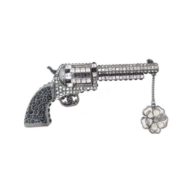 NEUF BROCHE CHANEL REVOLVER CAMELIA EN METAL & STRASS GUN PISTOL BROOCH 850€