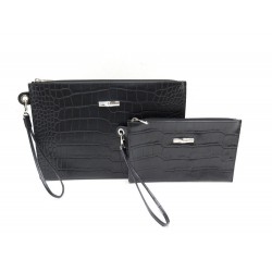 NEUF LOT DE 2 POCHETTES A MAIN LONGCHAMP ROSEAU CUIR CROCO NOIR CLUTCH 285€