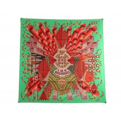 NEUF FOULARD HERMES POINT D'ORGUE EN SOIE VERT ROUGE CARRE 90 CM SILK SCARF 350€