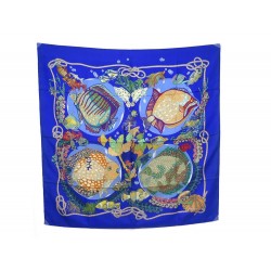 FOULARD HERMES GRANDS FONDS ANNIE FAIVRE CARRE 90 EN SOIE BLEU SILK SCARF 350€