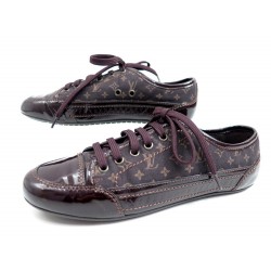 NEUF CHAUSSURES LOUIS VUITTON 35.5 BASKETS TOILE & CUIR VERNIS MARRON SHOES 480€