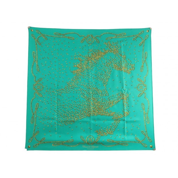 FOULARD HERMES CHEVAL DE LEGENDE EN SOIE VERT BLEUTE CARRE 90 CM SILK SCARF 350€