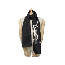 NEUF FOULARD YVES SAINT LAURENT LOGO YSL ECHARPE EN SOIE NOIR BLACK SCARF 340€