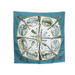 NEUF FOULARD HERMES LA CHASSE A TIR EN SOIE BLEUE CARRE 90 CM SILK SCARF 350€