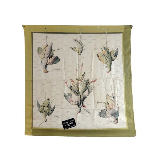 VINTAGE FOULARD TABLEAU DE CHASSE D'HERMES PAR HENRI DE LINARES SOIE VERT 350€