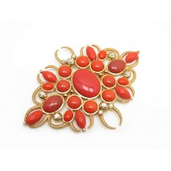 NEUF BROCHE CHRISTIAN DIOR EN METAL DORE PERLES CORAIL & STRASS BROOCH PEARLS