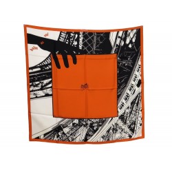 NEUF RARE FOULARD HERMES BOITE AU VOL TOUR EIFFEL EN SOIE ORANGE CARRE SCARF NEW