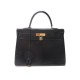 VINTAGE SAC A MAIN HERMES KELLY 32 CM EN CUIR BOX BLEU MARINE & METAL DORE