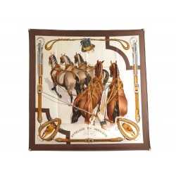 FOULARD HERMES ATTELAGE EN ARBALETE LEDOUX CARRE EN SOIE MARRON SILK SCARF 350€