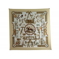 FOULARD HERMES COPEAUX CATHY LATHAM CARRE 90 CM EN SOIE BEIGE SILK SCARF 350€