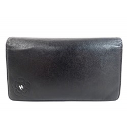 PORTEFEUILLE CHANEL CAMELIA EN CUIR NOIR PORTE MONNAIE WALLET BILLFOLD 765€