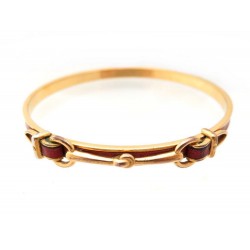 VINTAGE BRACELET HERMES JONC MORS BIJOU EN METAL DORE & CUIR ROUGE JEWEL