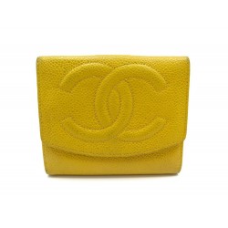 PORTEFEUILLE CHANEL PORTE MONNAIE CARTES CUIR CAVIAR JAUNE WALLET BILLFOLD 660€