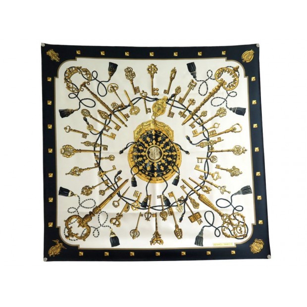 FOULARD HERMES LES CLES CATHY LATHAM CARRE 90 EN SOIE NOIR BLACK SILK SCARF 350€