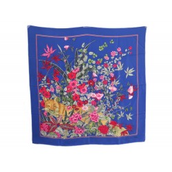 FOULARD CHRISTIAN DIOR RENARD & FLEURS EN SOIE BLEU CARRE 90 CM SILK SCARF 345€