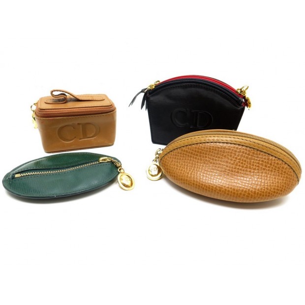 LOT 4 MINI TROUSSES CHRISTIAN DIOR EN CUIR NOIR VERT MARRON CAMEL SAC CLUTCH