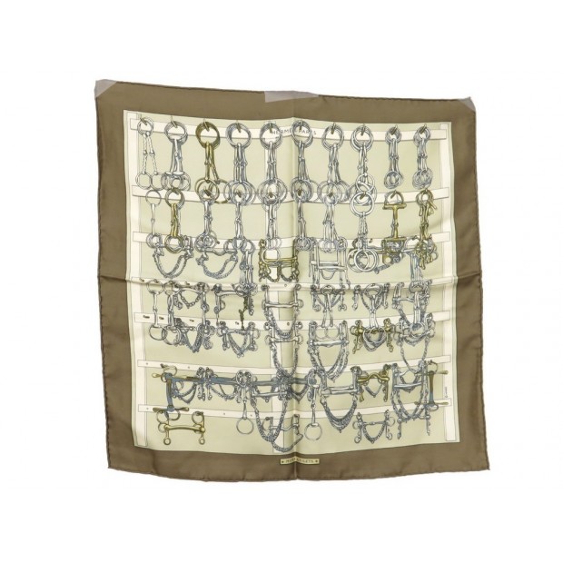 NEUF FOULARD GAVROCHE HERMES MORS & FILETS EN SOIE MARRON CARRE SILK SCARF 160€