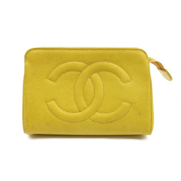 TROUSSE CHANEL EN CUIR CAVIAR JAUNE LEATHER PURSE YELLOW MAKE UP KIT 570€