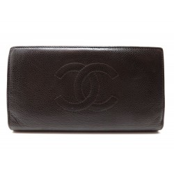 PORTEFEUILLE CHANEL LOGO CC EN CUIR CAVIAR MARRON PORTE MONNAIE WALLET 765€