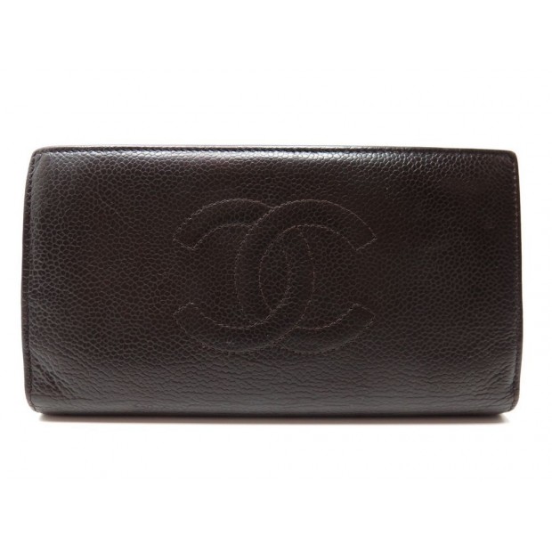 PORTEFEUILLE CHANEL LOGO CC EN CUIR CAVIAR MARRON PORTE MONNAIE WALLET 765€