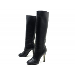 NEUF CHAUSSURES CHANEL BOTTES A TALONS PERLES G29304 40.5 CUIR NOIR BOOTS 1800€