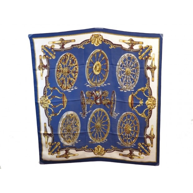 VINTAGE FOULARD HERMES LES ROUES 1ERE EDITION 1967 LATHAM CARRE SOIE BLEU SCARF