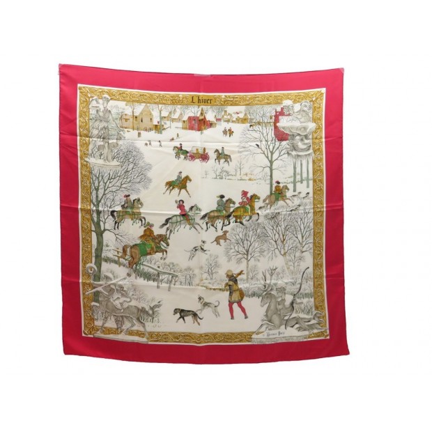 FOULARD HERMES L'HIVER PHILIPPE LEDOUX CARRE EN SOIE ROUGE bOITE SILK SCARF 350€