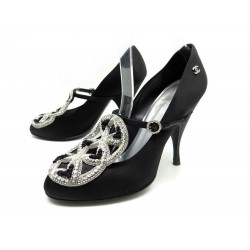 CHAUSSURES CHANEL DE SOIREE 40 ESCARPINS EN SATIN NOIR BLACK PUMP SHOES 690€