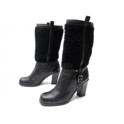 NEUF CHAUSSURES CELINE 37.5 BOTTINES EN CUIR NOIR & FOURRURE LAINE BOOTS 750€