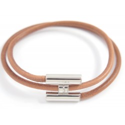 NEUF BRACELET HERMES TOURNIS DOUBLE TOUR EN CUIR MARRON & H ACIER PALLADIE 330€