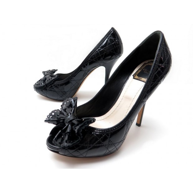 NEUF CHAUSSURES CHRISTIAN DIOR LADY ESCARPINS 39 EN CUIR CANNAGE VERNI NOIR 580€