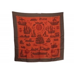 FOULARD HERMES THEATRE D'OMBRES EN SOIE MARRON & ROUGE CARRE 90 SILK SCARF 350€