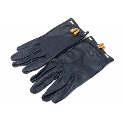 GANTS HERMES POMPONS DORES TAILLE S 6.5 EN CUIR BLEU GLOVES BLUE LEATHER 465€