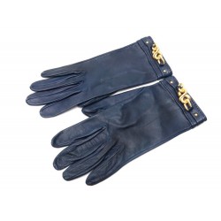 GANTS HERMES NOEUDS DORES TAILLE S 6.5 EN CUIR BLEU GLOVES BLUE LEATHER 465€