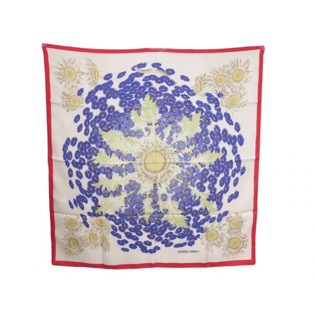 VINTAGE FOULARD HERMES FLEURS & CARLINES RYBALTCHENKO CARRE SOIE BLEU SCARF 350€