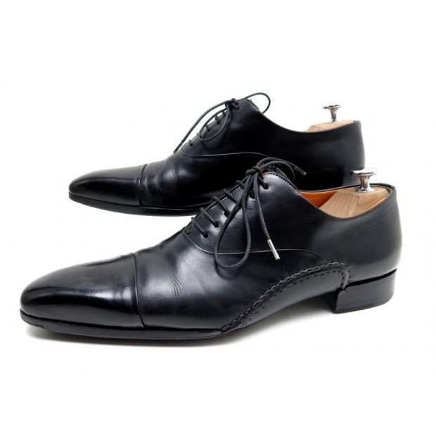 CHAUSSURES SANTONI RICHELIEU BOUT DROIT 6 IT 41 FR EN CUIR NOIR CICATRICES 560€