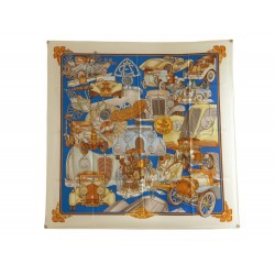 FOULARD HERMES AUTOMOBILES EN SOIE IVOIRE DORE BLEU CARRE 90 CM SILK SCARF 350€