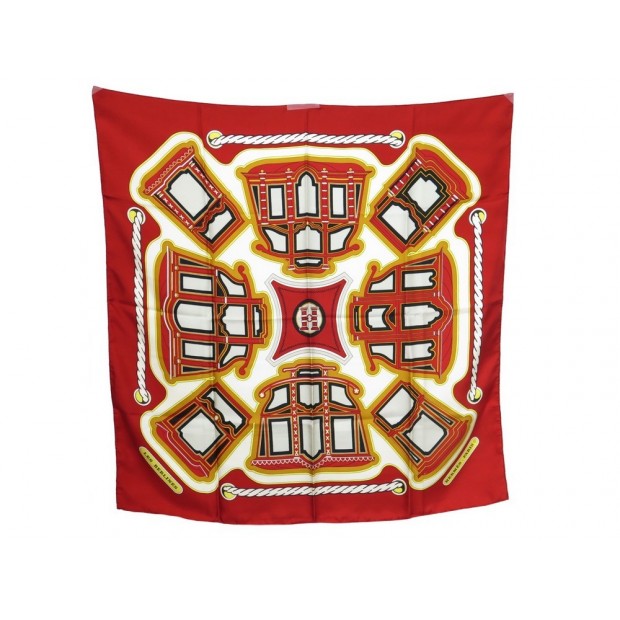 FOULARD HERMES LES BERLINES FRANCOIS DE LA PERRIERE CARRE SOIE ROUGE SCARF 350€