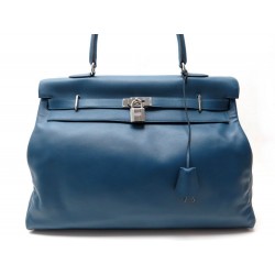 NEUF SAC DE VOYAGE A MAIN HERMES KELLY RELAX 50 CM CUIR BLEU 