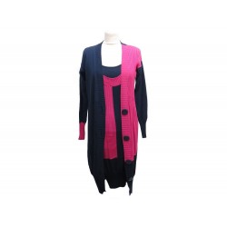 ENSEMBLE CHRISTIAN DIOR ROBE + GILET 38 M LAINE SOIE CACHEMIRE BLEU DRESS 1500€