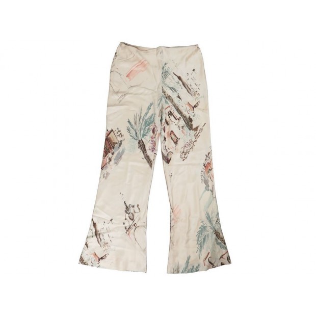 PANTALON LARGE HERMES 42 L EN SOIE ECRU IMPRIMEE PAYSAGES SILK TROUSERS 1700€